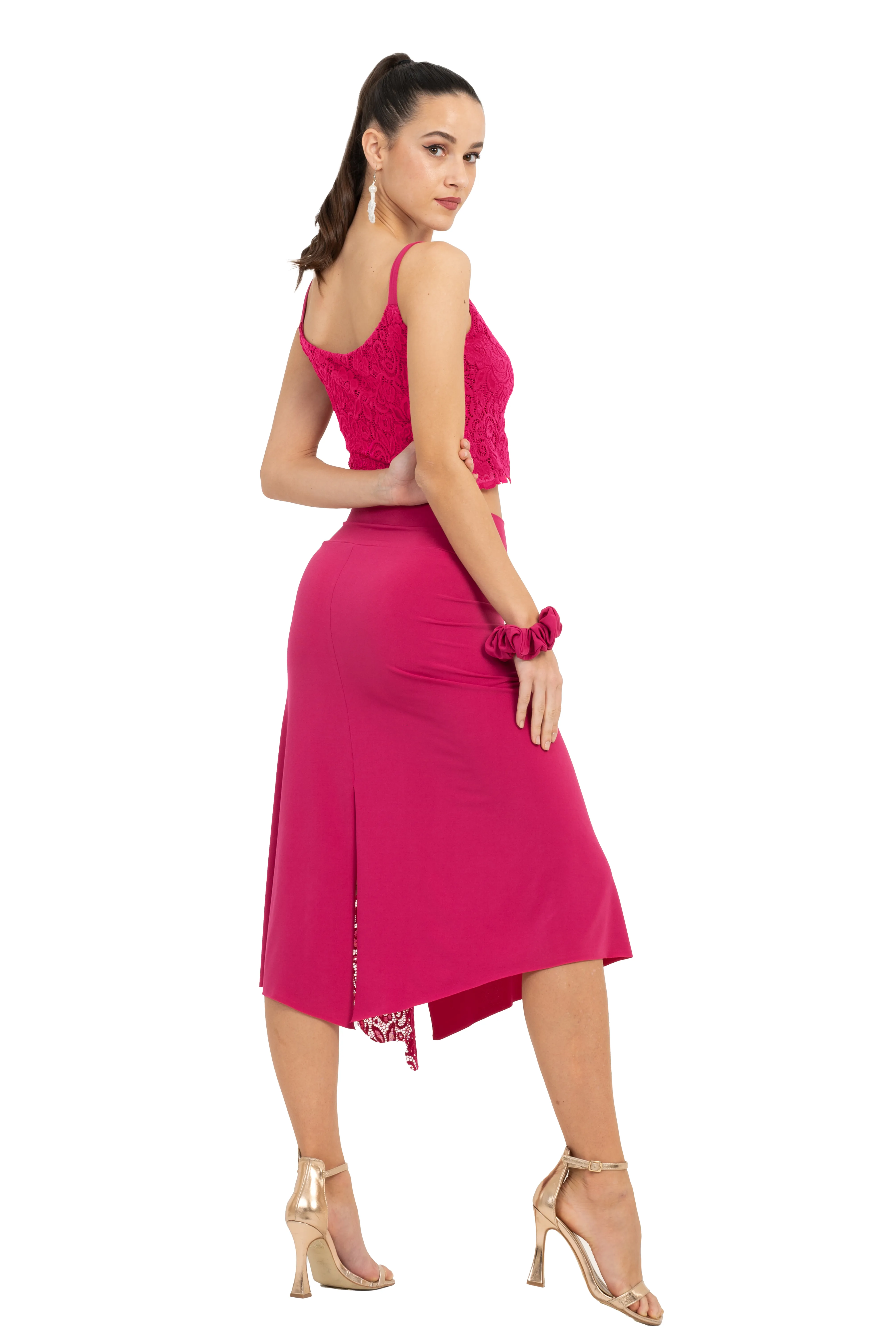 Tango Skirt with Guipure Left-side Lace Details (M) (Fuchsia)