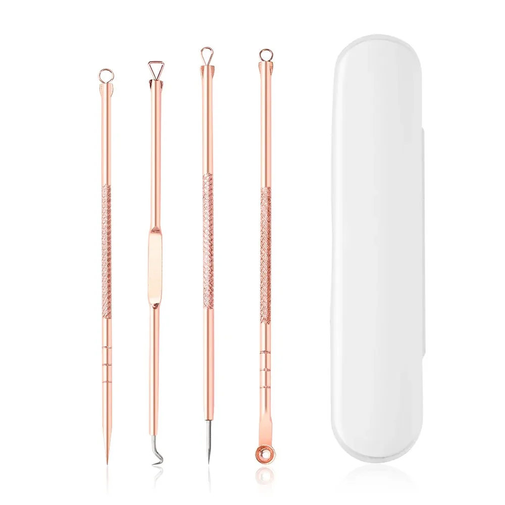 Trending Beauty Pimple Extractor 4pcs Rose Gold Black head Remover Kit With Transparent Case