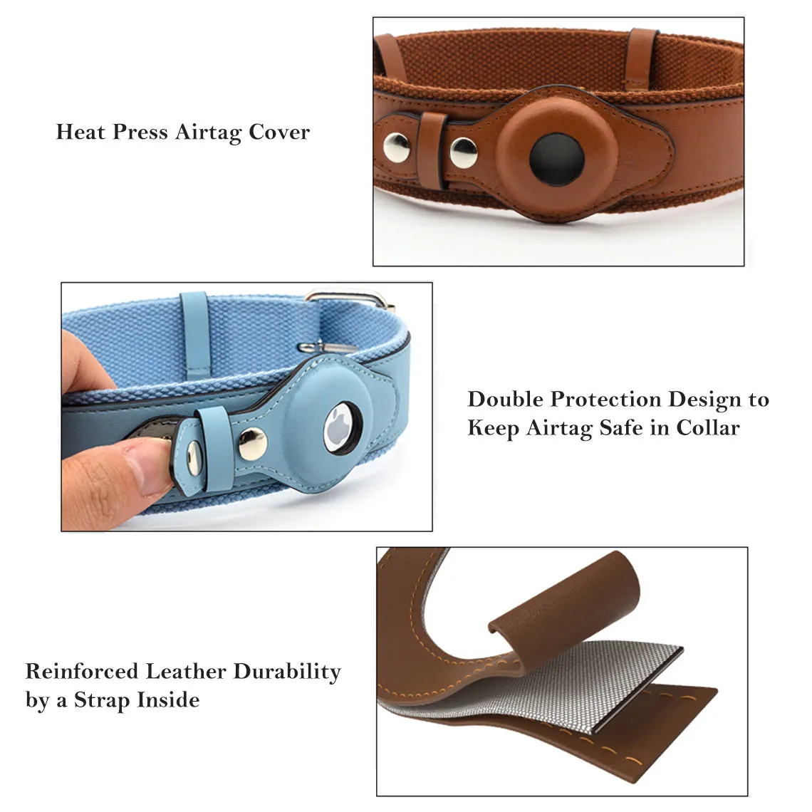 Vegan Leather Dog Collar with Airtag Case - Brown