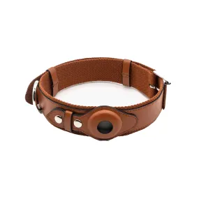 Vegan Leather Dog Collar with Airtag Case - Brown