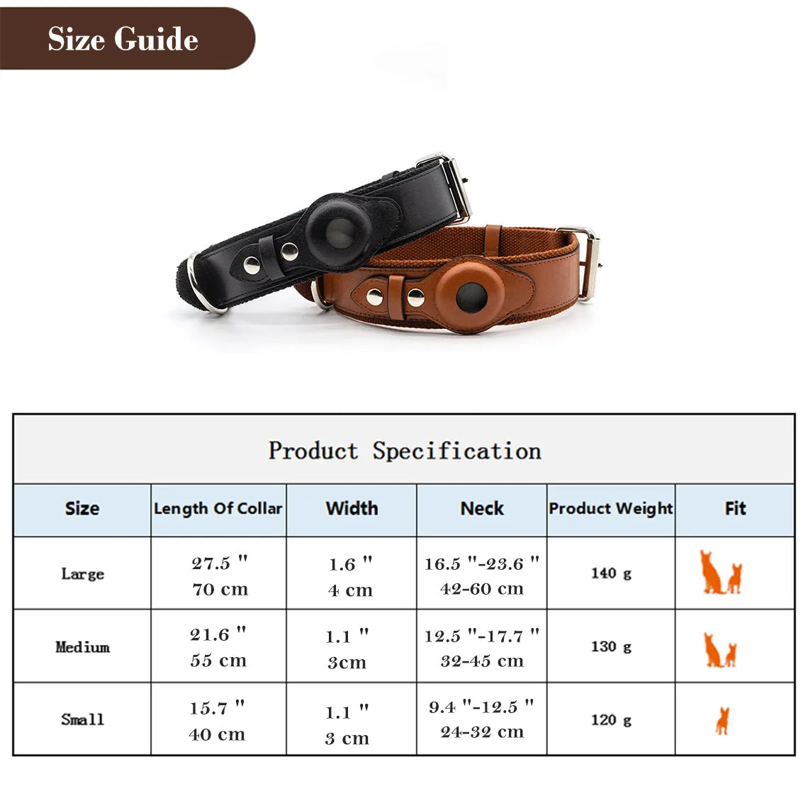 Vegan Leather Dog Collar with Airtag Case - Brown