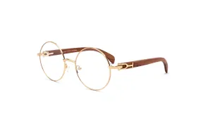 VWC Round Brown Wood Eyeglasses, Gold Frames, Clear Lenses