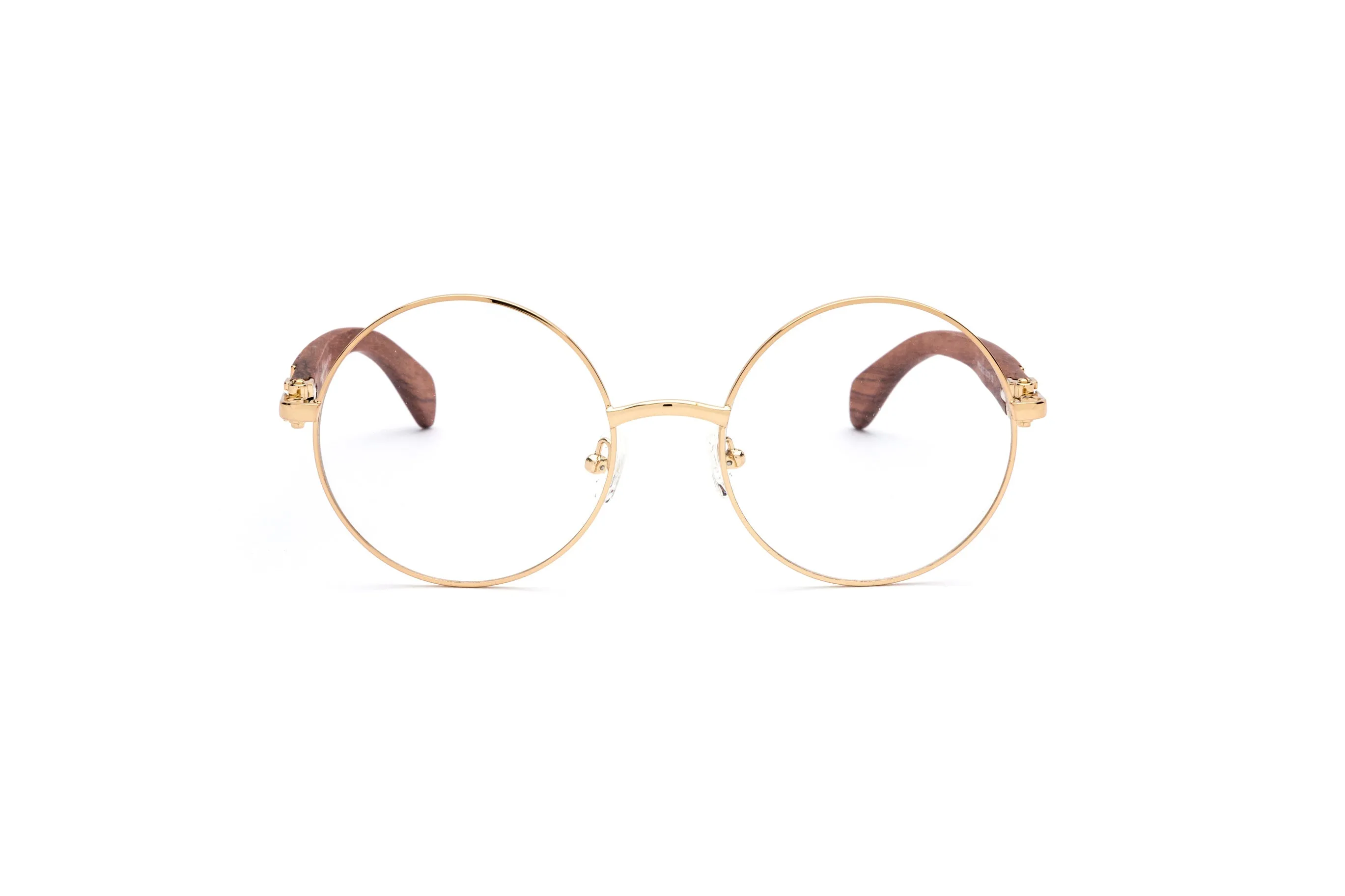 VWC Round Brown Wood Eyeglasses, Gold Frames, Clear Lenses