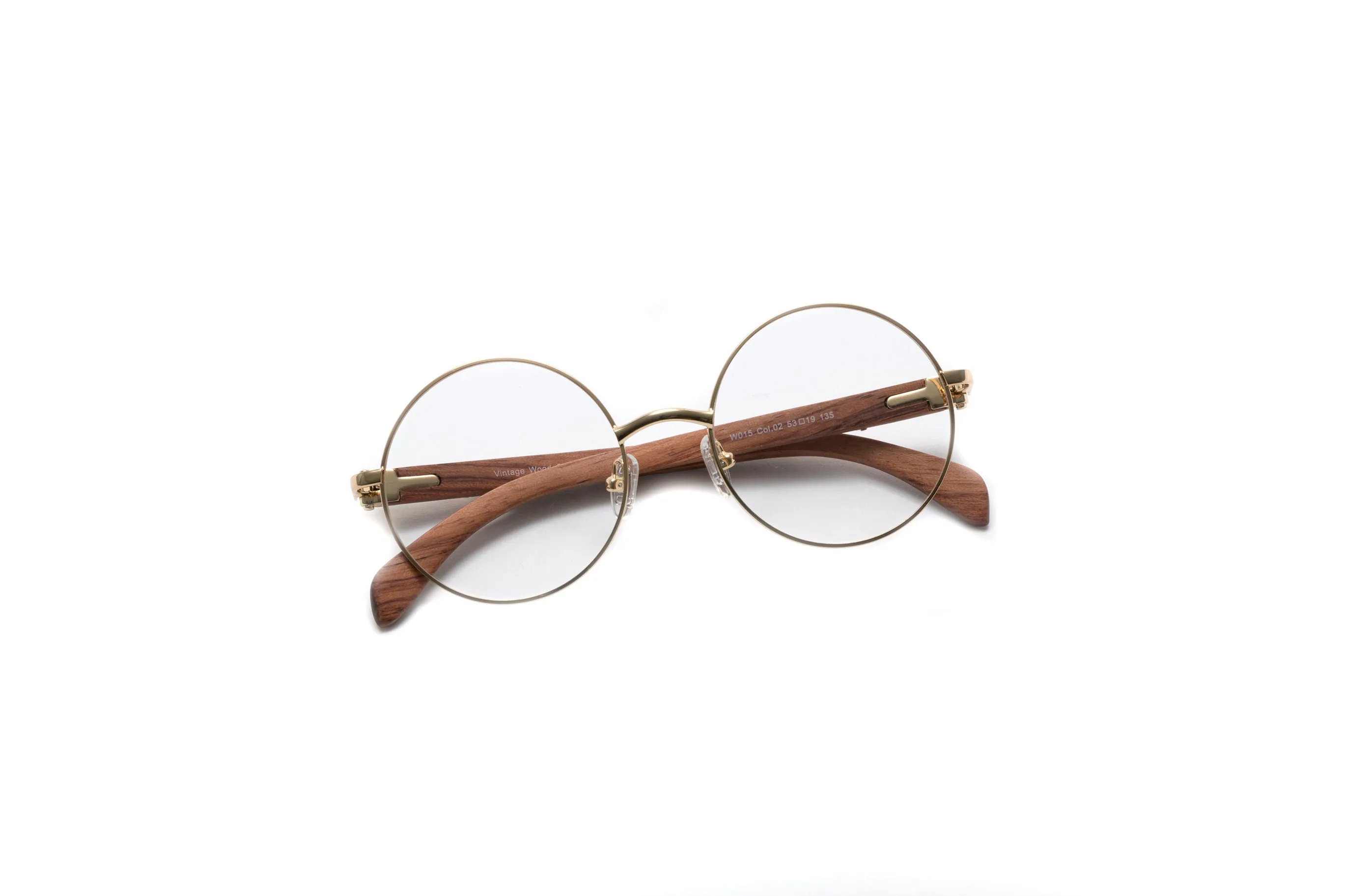 VWC Round Brown Wood Eyeglasses, Gold Frames, Clear Lenses