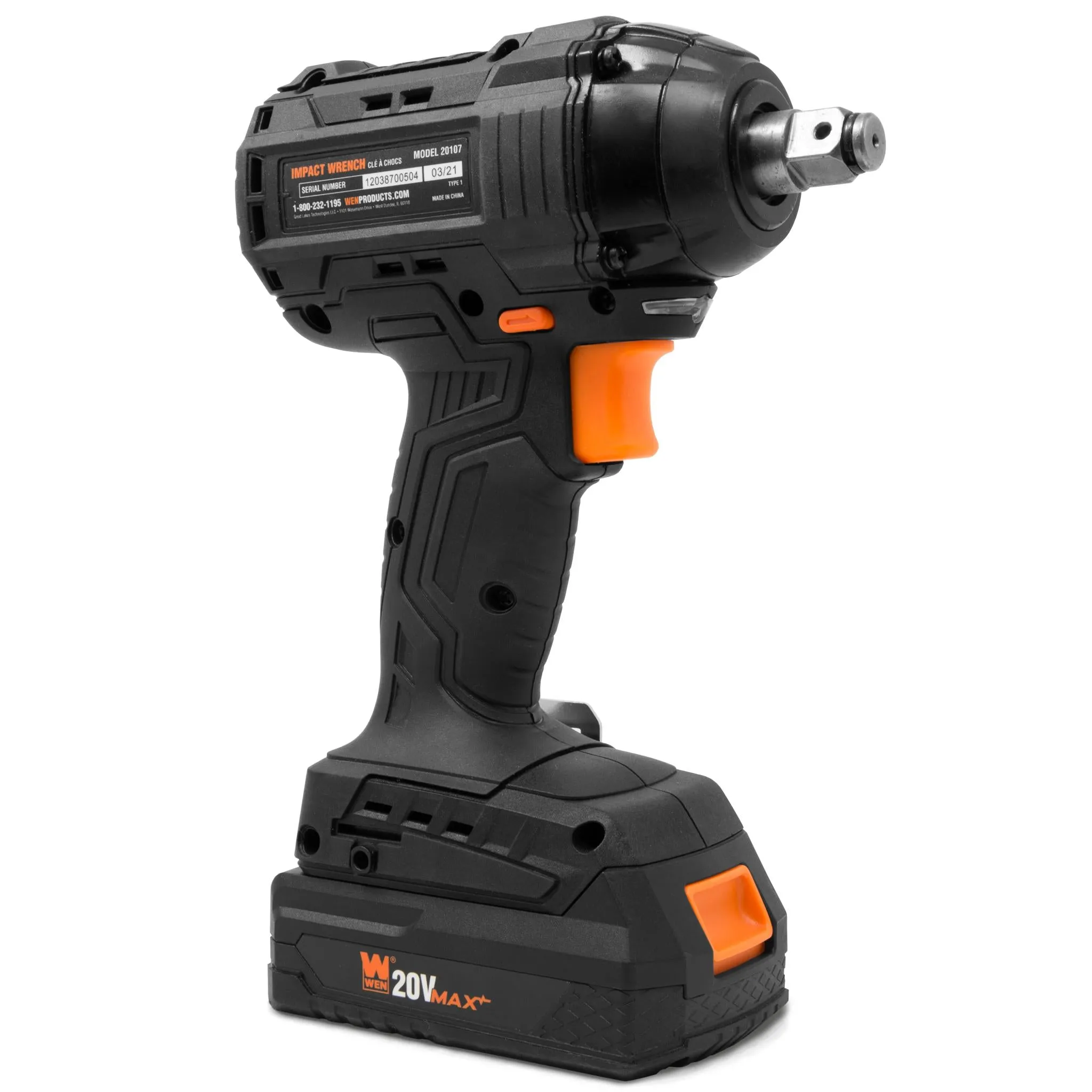 WEN 20107 20V Max Brushless Cordless 1/2-Inch Impact Wrench with 2.0 Ah Lithium-Ion Battery and Charger