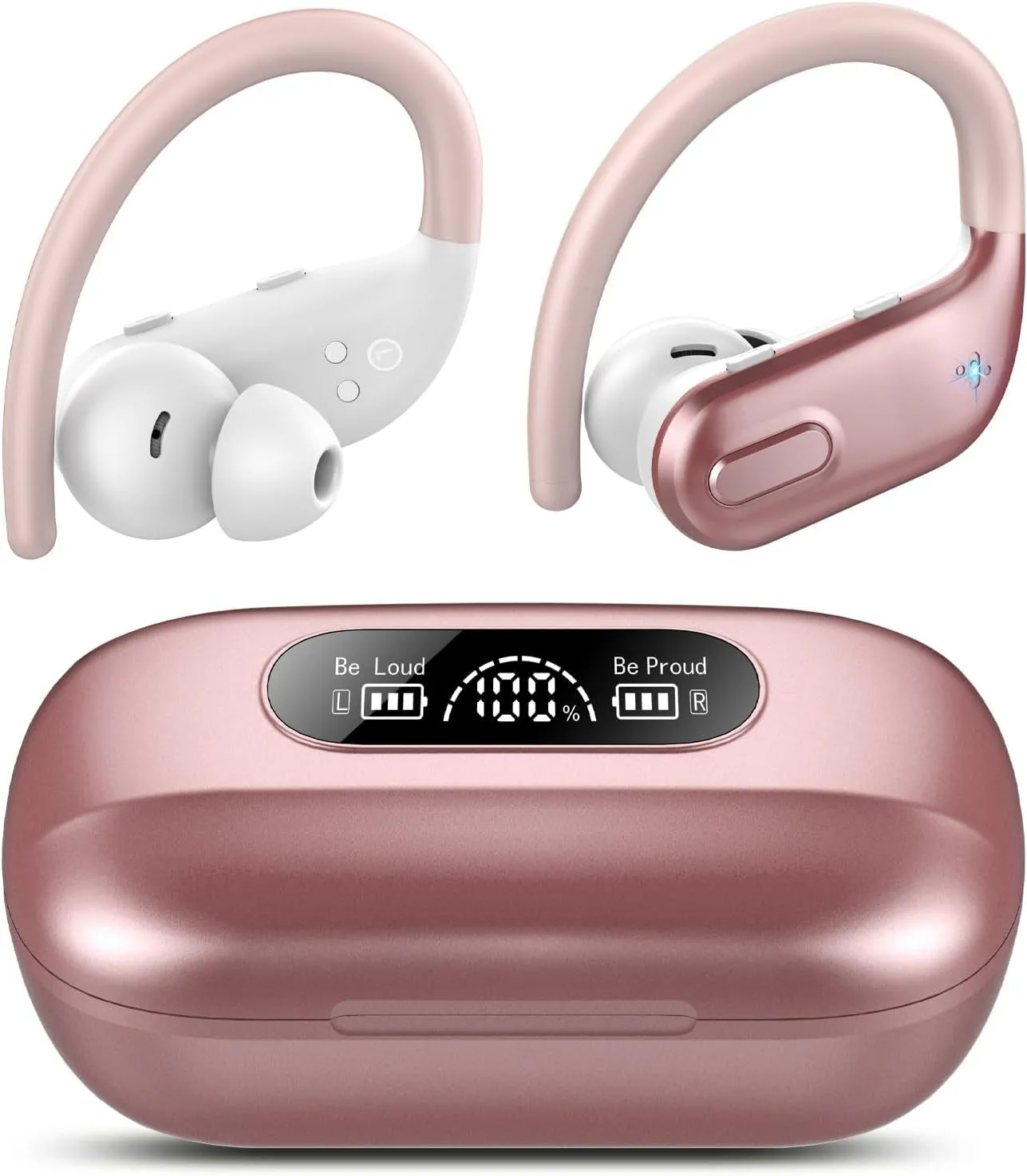 Wireless Earbuds, Bluetooth 5.3 Headphones Wireless with 4 ENC Noise Canceling Mic, 80Hrs LED Display Over Ear buds with Earhooks, Deep Bass Wireless Earphones, IPX7 Waterproof for Sport(Rose)