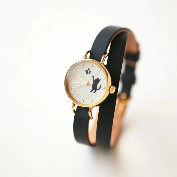 Women's Wristwatch - Cat and Butterfly, Japanese handmade wrist watch