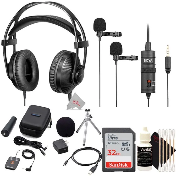 Zoom APH-2n Accessory Package    Boya BY-HP2 Professional Over-Ear Hi-Fi Monitor Headphones    Boya BY-M1DM Dual Omnidirectional Lavalier Microphone    32GB Memory Card   Cleaning Kit