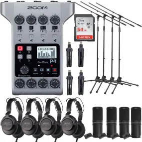 Zoom PodTrak P4 Portable Multitrack Podcast Recorder   4x Zoom ZDM-1 Podcast Mic Pack Accessory Bundle