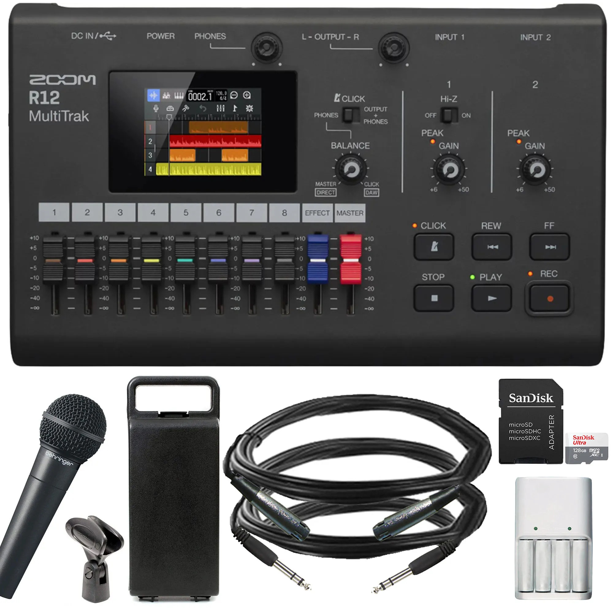 Zoom R12 MultiTrak Recorder   Behringer XM8500 Ultravoice Dynamic Cardioid Vocal Microphone   128GB Bundle